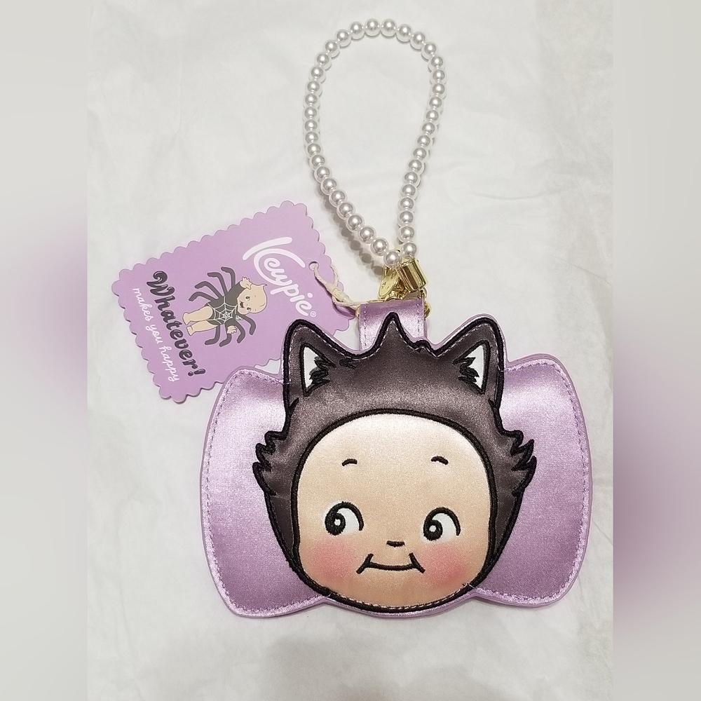 Kewpie Cat Bow Wristlet ID & Card Wallet With Faux Pearl Strap